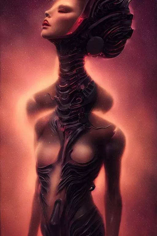 Prompt: a dramatic lighting photo of an elegant alien queen, vaporwave colors, artgerm, tom bagshaw, gerald brom,