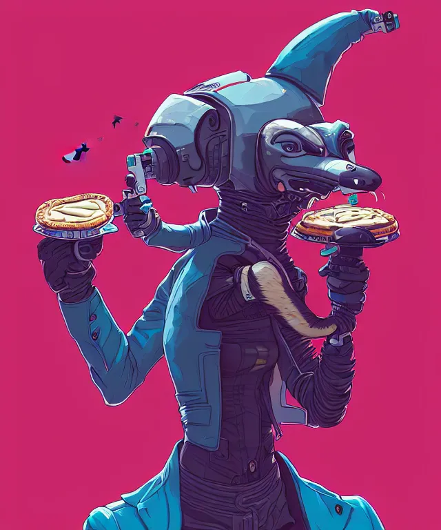 Prompt: a portrait of an anthropomorphic cyberpunk ferret eating pie, cyberpunk!, fantasy, elegant, digital painting, artstation, concept art, matte, sharp focus, illustration, art by josan gonzalez