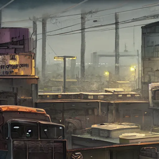 Prompt: An industrial, gloomy city, in the style of Disco Elysium concept art