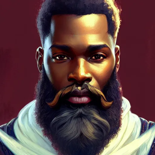 Prompt: JJ Olatunji with a majestic beard, closeup, D&D style, fantasy, intricate, elegant, highly detailed, digital painting, artstation, concept art, matte, sharp focus, illustration, art by Artgerm and Greg Rutkowski and Alphonse Mucha