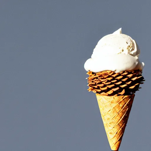 Prompt: a photograph of a levitating ice cream cone, with a pine cone in place of ice cream. shallow depth - of - field.