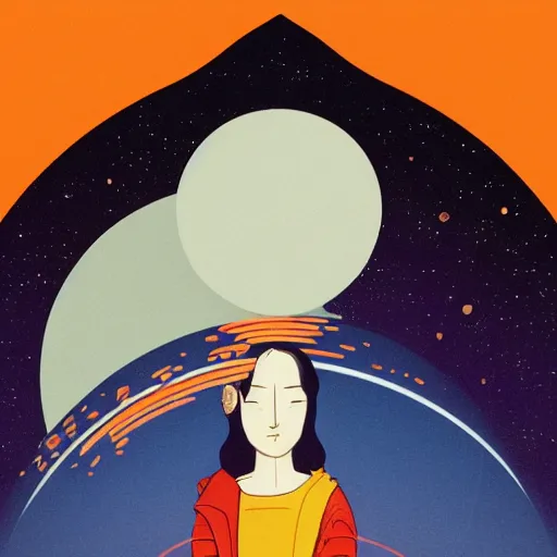 Image similar to closeup of a face with a glowing planet Saturn and earth spinning, the rings are glowing around the planet, the woman's hand reaching for the pendant, flat design, screen print by kawase Hasui and Dan hillier, 8k, artstation