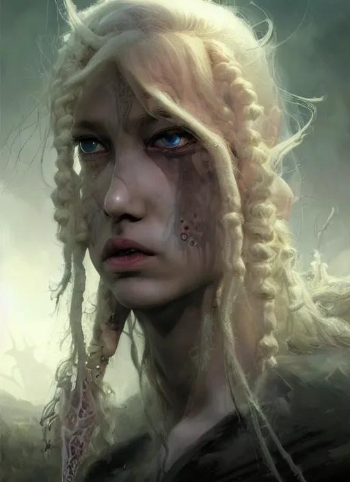 Prompt: fantasy changeling girl with blonde dreadlocks revealing her true nature, evil eyes, dim light, front game card, marvel comics, dark, intricate, highly detailed, smooth, artstation, digital illustration by ruan jia and mandy jurgens and artgerm and wayne barlowe and greg rutkowski and zdislav beksinski