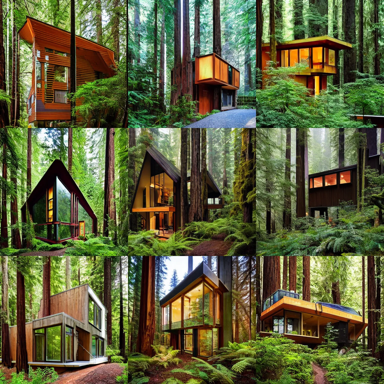 Prompt: modern solarpunk house, in a magical redwood forest, photo