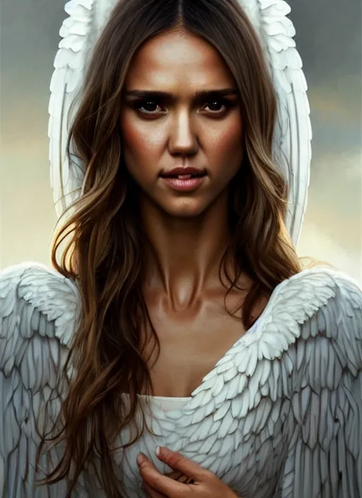 Image similar to half Jessica Alba half Nathalie Portman the pure gorgeous opulent white angel, gorgeous full body portrait, slight smile, diffuse studio lights, autumn lights, highly detailed, digital painting, artstation, concept art, sharp focus, illustration, art by wlop and greg rutkowski and alphonse mucha and artgerm