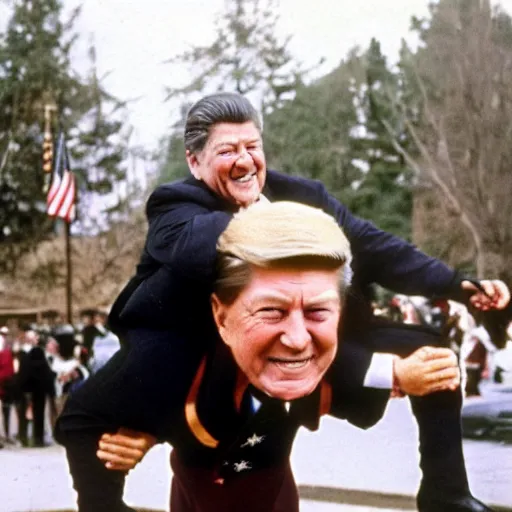 Image similar to dwarf trump getting a piggy - back ride from reagan