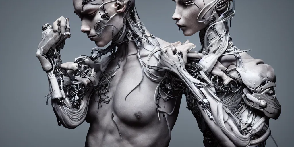 Image similar to hyper realistic photography of a stunningly beautiful cyborg male, elbow, plated arm, intimate, holding hands, ribbons, in the style of beth cavener, jin kagetsu,, and wlop, highly detailed, intricate filigree, symmetry, masterpiece, award winning, sharp focus, concept art, ringflash, ambient lighting, octane render, 8 k, artstation
