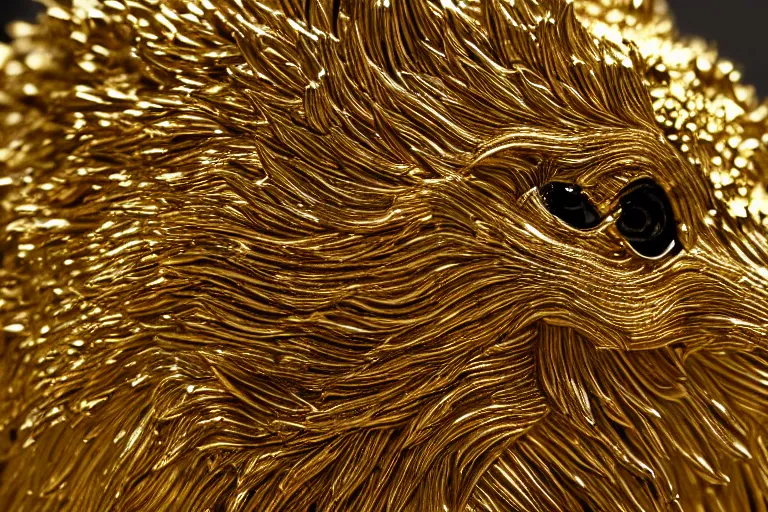 Prompt: photographic close up of a golden hedgehog statue, intricate detail, 4k desktop background