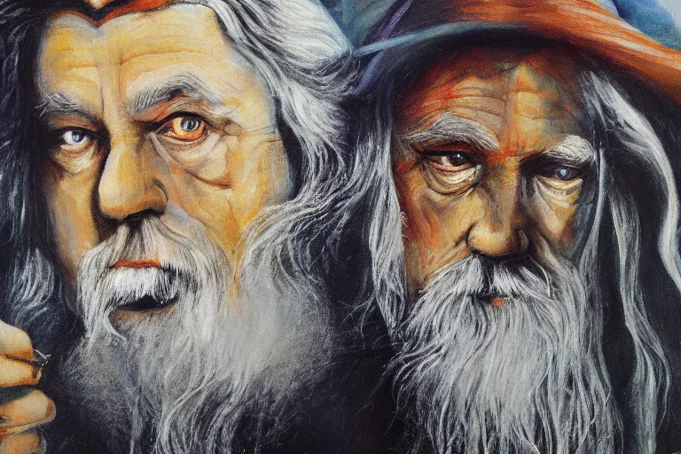 Image similar to gandalf and frodo painted in the style of francis bacon, expressionist, 4 k, realistic