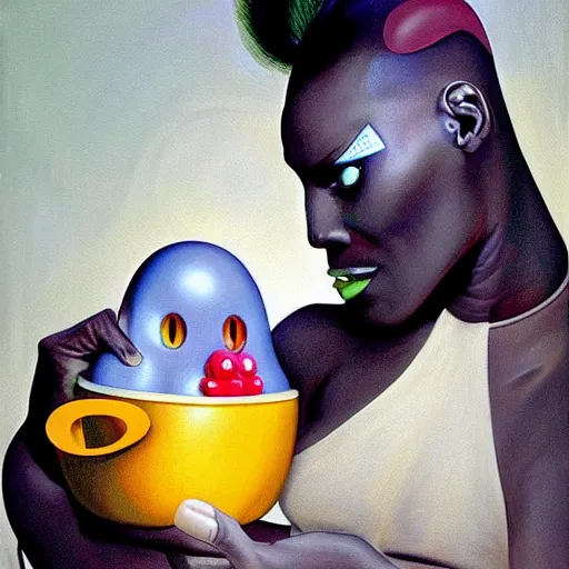 Image similar to beautiful lifelike painting of grace jones feeding her bioenhanced tamagotchi child, hyperreal detailed facial features and uv lighting, art by ed roth and basil wolverton