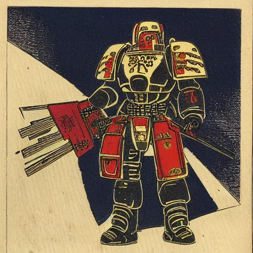 Prompt: late meiji period, colored woodblock print, imperium space marine