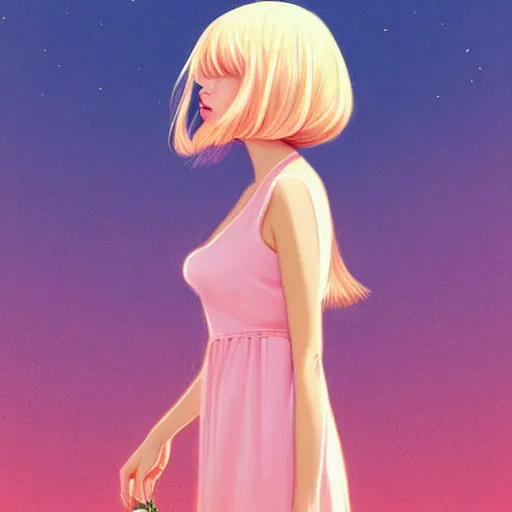 Prompt: happy adult female in sundress, summer dress, pastel light pink very long hair, muted colors, matte print, pastel colors, 2d, ultra highly detailed, digital art, digital painting, fan art, elegant, artstation, head is centered, by Ilya Kuvshinov