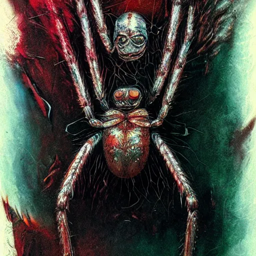 Image similar to a creature from a major horror hollywood movie, giant black widow spider, a picture taken by Michael Komarck and giger, bleeding decaying colors!