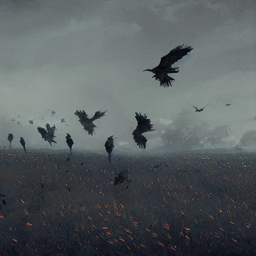 Image similar to A field full of crows, dark sky, art by greg rutkowski, trending on artstation.