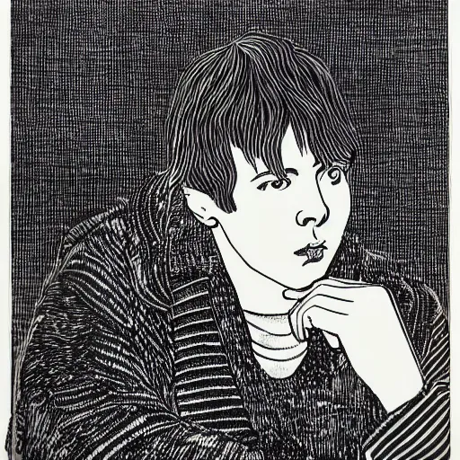 Prompt: Yung Lean, portrait, b&w, woodblock print, by Aubrey Beardsley