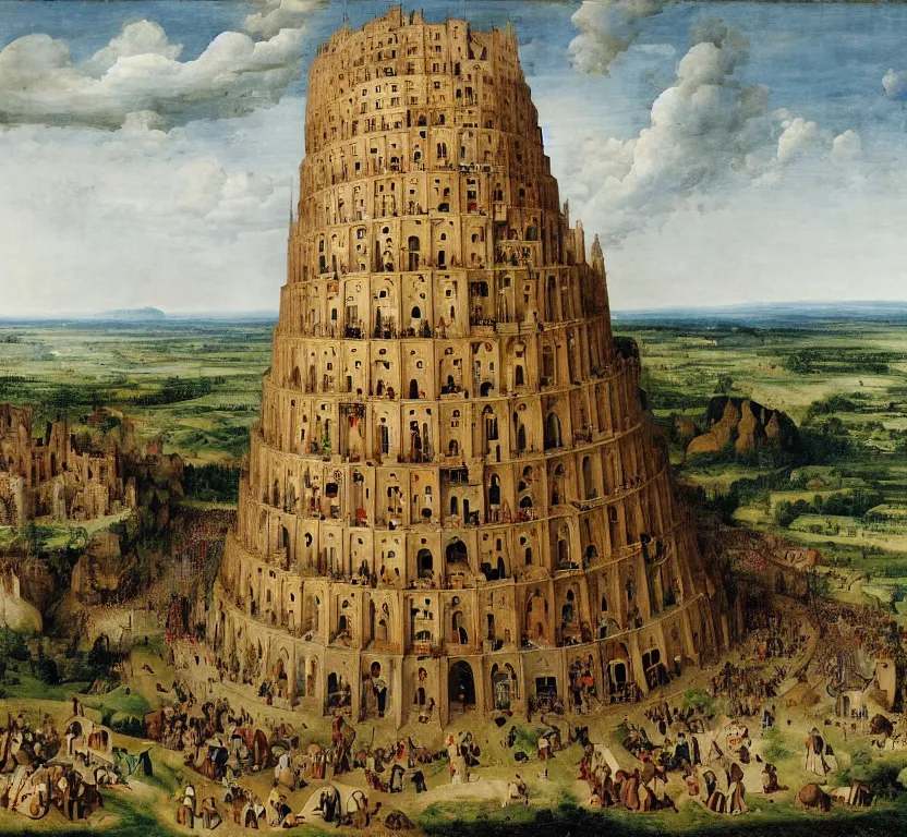 Image similar to a tall tower, somewhat similar to babel, by pieter breugel the elder