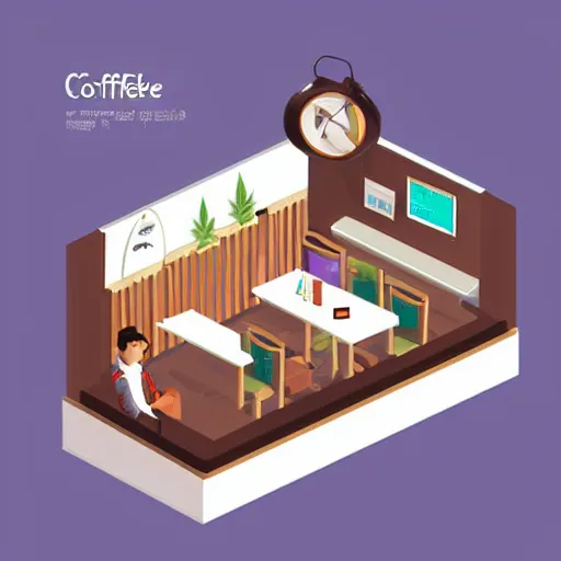 Image similar to isometric cartoon of funky recreational cannabis cafe area, coffee machine, aluminum sheen, wooden furniture, people drinking coffee and smoking cannabis, tables and chairs, by benoit mandelbrot, low poly cute minimal interior design concept art illustrated by anni albers