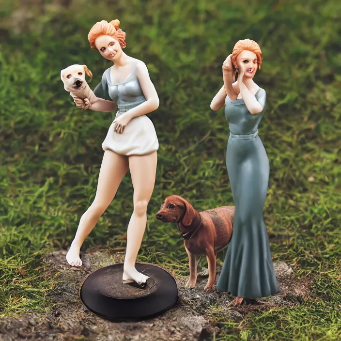 Image similar to 80mm resin detailed miniature of a Woman with a Dog, Product Introduction Photos, 4K, Full body, simple background