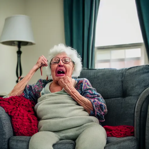 Prompt: elderly woman screaming at a ball of yarn, canon eos r 3, f / 1. 4, iso 2 0 0, 1 / 1 6 0 s, 8 k, raw, unedited, symmetrical balance, wide angle