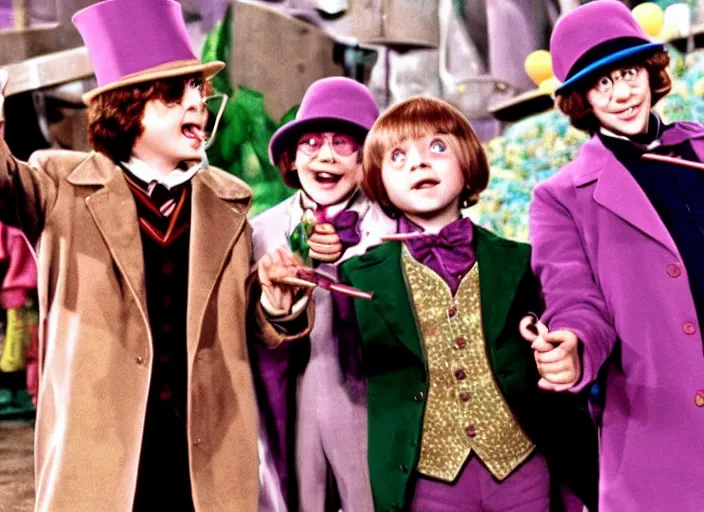 Image similar to film still of Harry potter in Willy Wonka's and the Chocolate Factory 1971