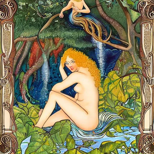 Prompt: art - nouveau painting of blonde nymph with curly hair bathing underneath waterfall inside forest, vines deers and squirrels in the background