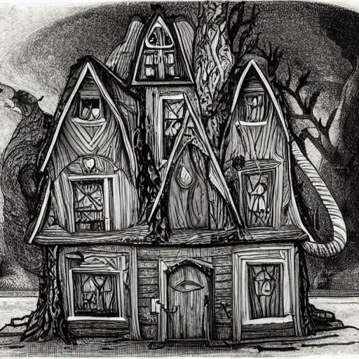 Image similar to a witches house with huge snakes on the roof