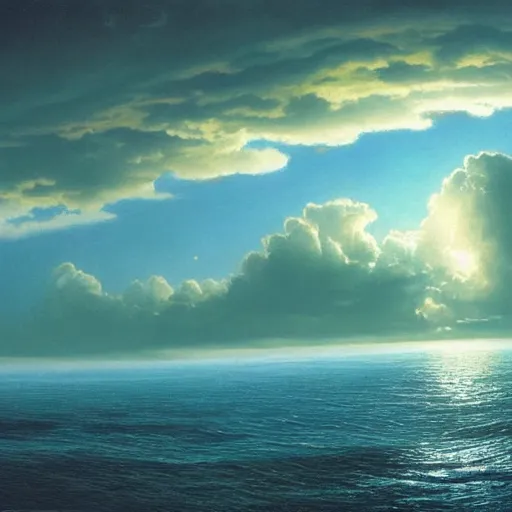 Image similar to beautiful matte painting of a dreamy ocean with clouds, sci - fi, daylight, blue sky, cinematic lighting, cinematic perspective big black planet above, syd mead, john harris, federico pelat, detailed, 4 k, hd