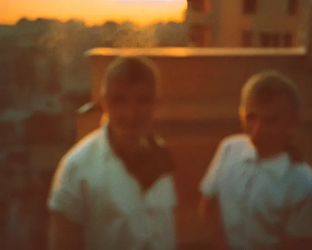 Image similar to lomo photo of pair standing on small hrushevka balcony full with cigarette smoke in small russian town looking at sunset, cinestill, bokeh