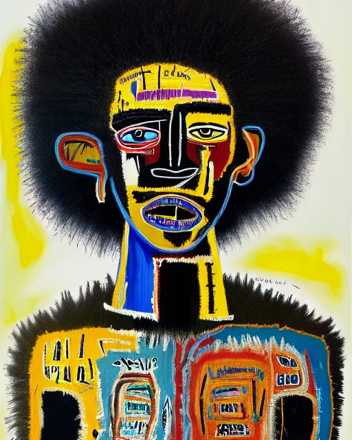 Image similar to A extremely ultra highly detailed majestic hi-res beautiful immaculate head and shoulders award winning painting stunning masterpiece of the face of a strong black african warrior man with an afro by Jean-Michel Basquiat, 8k, high textures, ultra hyper sharp, insanely detailed and intricate, super detailed, 8k HDR ultra high quality