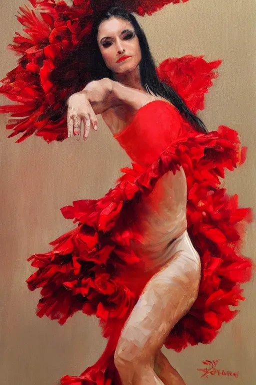 Image similar to oil painting of spanish flamenco dancer in mallorca wearing a red dress made of flowers, dimly lit, photo realistic, extreme detail skin, no filter, slr, 4 k, high definition