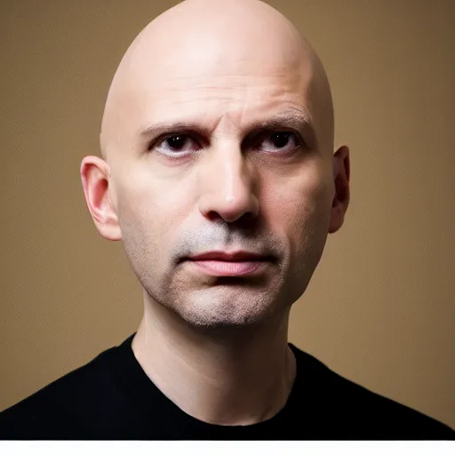 Prompt: High resolution!! Classical bald and very serious experimental electronic musician profile picture, 8K, Canon, apple