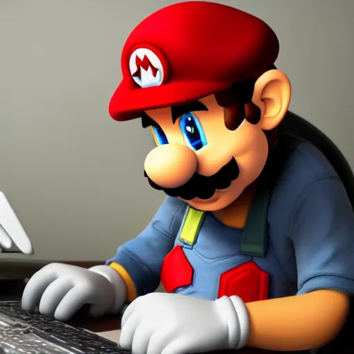 Prompt: super mario as a real person working on his computer in the office, highly detailed, award winning photography