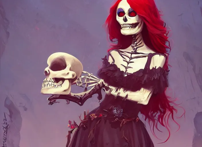 Prompt: cute & beautiful smug smiling mexican undead skeleton girl with red hair dressed as a witch, elegant, digital art, fantasy, pixar style, painting, pin up, highly detailed, artstation, art by artgerm, vrubel, greg rutkowski and ilya kuvshinov