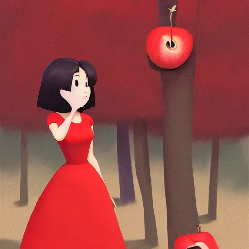 Image similar to goro fujita ilustration brunette girl in red dress grabbing an apple from a tree in the forest, painting by goro fujita, sharp focus, highly detailed, artstation