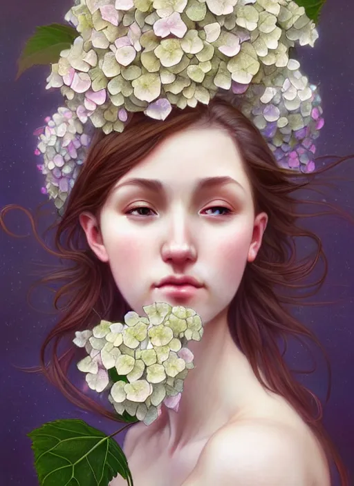 Image similar to realistic photographic perfect portrait of a anthropomorphic hydrangea blossom, fantasy, wind blowing hair, intricate, elegant, highly detailed, digital painting, artstation, concept art, smooth, super sharp focus, illustration, art by artgerm and h r giger and alphonse mucha