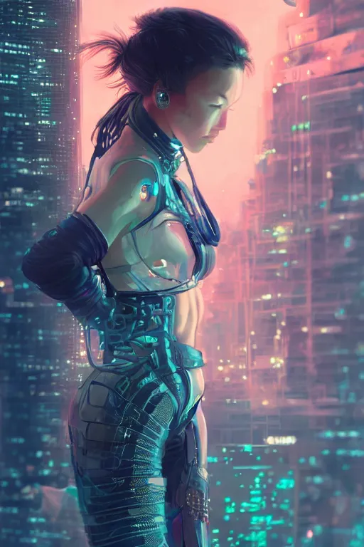 Image similar to portrait futuristic Ninja Girl, in future cyberpunk tokyo rooftop , ssci-fi, fantasy, intricate, very very beautiful, elegant, neon light, highly detailed, digital painting, artstation, concept art, smooth, sharp focus, illustration, art by tian zi and WLOP and alphonse mucha