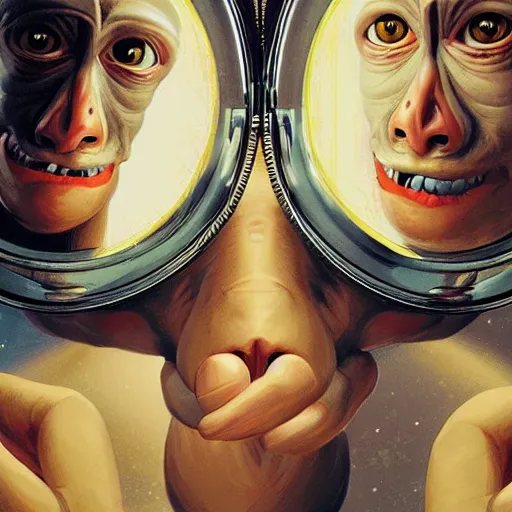 Image similar to lofi monkey in front of a mirror reflecting anger facial expression of a human face, symmetrical hands, doctors mirror, Pixar style by Tristan Eaton Stanley Artgerm and Tom Bagshaw, high detail