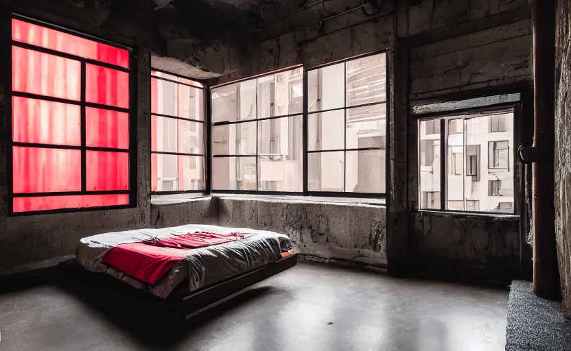 Prompt: maximalist interior of a japanese bedroom, concrete, neon signs, old brick walls, rough wood, grey, anthracite, red, akihabara style, swedish style, window with a view of apartment blocks