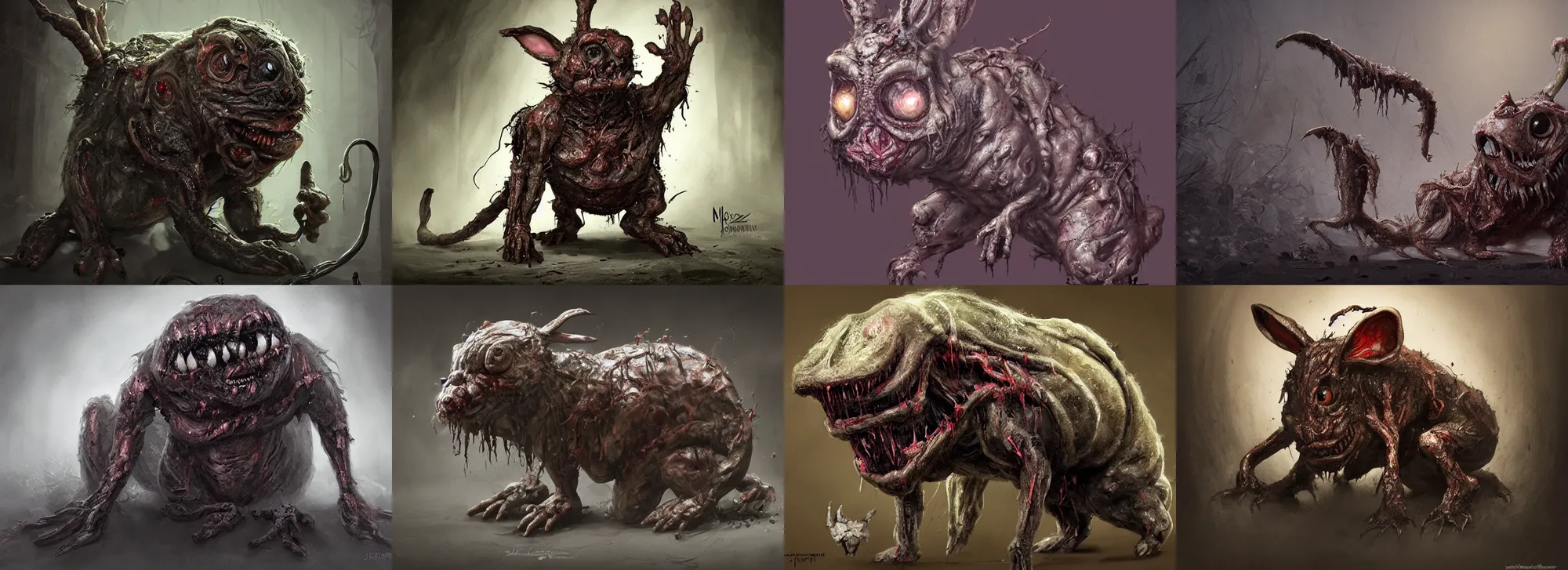 Prompt: a nightmarish slimy monster bunny, with black eyes, rotting flesh, exposed bone, by jerad marantz, concept art, dramatic lighting, highly detailed digital painting