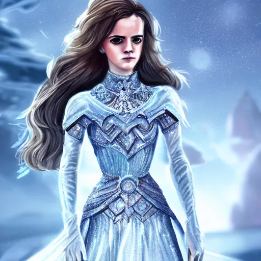 Image similar to emma watson as the Queen of Ice, Ice crystal armor, concept art, 4k, digital art, trending on art station, hd, doll, color, high contrast, expansive backdrop