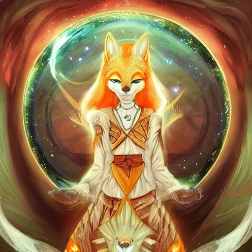 Prompt: a painted avatar portrait of an awesome cosmic powerful humanoid kitsune fox mage themed around life and death and the stars and the cosmos and dressed in elegant elven mage robes, in the style of dnd beyond avatar portraits, beautiful, artistic, elegant, lens flare, magical, lens flare, nature, realism, stylized, art by jeff easley