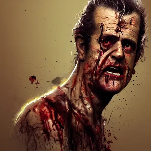 Image similar to a zombie Mel Gibson, by WLOP, horror, wounds, bloody, dark fantasy, trending on artstation