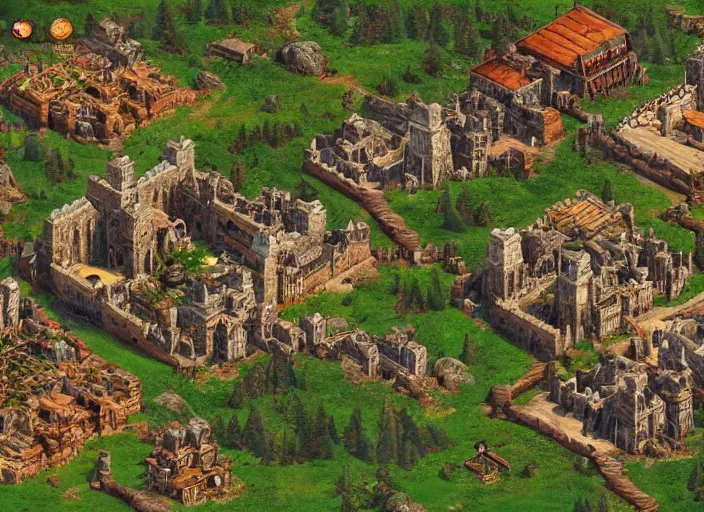 Image similar to isometric map of age of empires video game, procedural, top down, AOE2 , civilization, river, forest, cave, mountain, 3d map, woods, hills, buildings, snow, , digital art,realistic,detailed,art by greg rutkowski