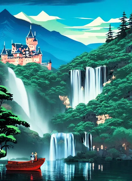 Image similar to magical castle, waterfall, river, mountain, scenery wallpaper aesthetic, beautiful, cinematic, dramatic, super detailed and intricate, hyper realistic, by koson ohara, by darwyn cooke