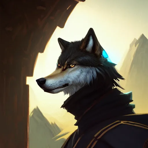 Image similar to an anthropomorphic wolf in a black doublet looking out over the hills, artstation hq, stylized, greg rutkowski, sharp focus, concept art, furaffinity fursona, furry