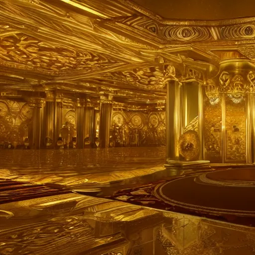 Image similar to golden and luxurious palace of asgard interior, 8k hd concept art, hyperrealistic, ultra detailed, cinematic, cinematic lighting, featured on artstation, octane render