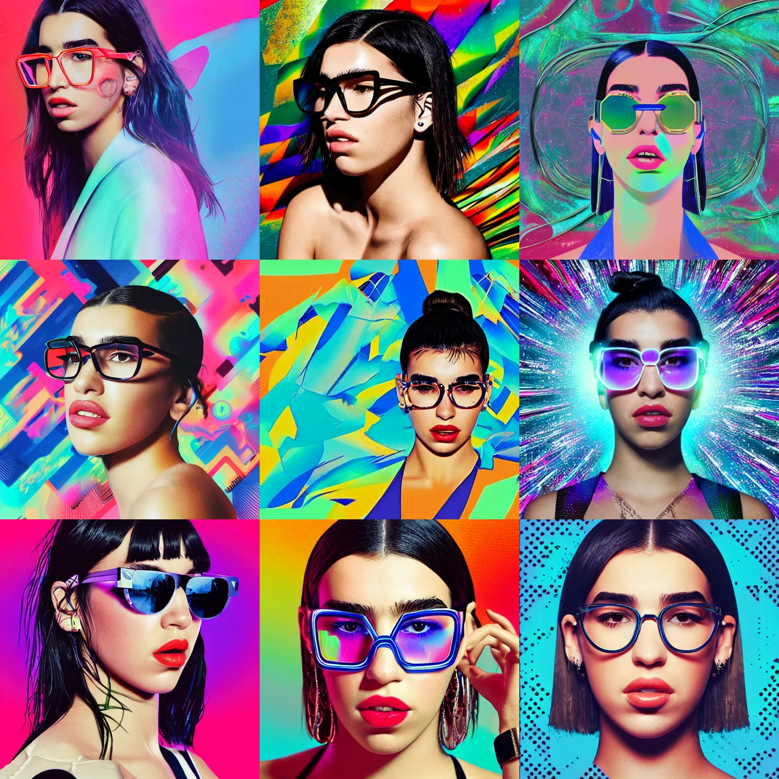 Prompt: A photorealistic portrait of dua lipa wearing futuristic glasses on an abstract background, album cover design