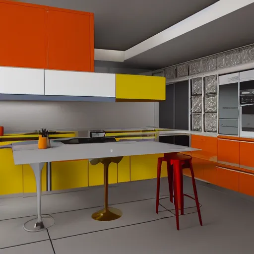 Image similar to 1970's futurist interior kitchen, furnished by aero aarino, primary colors are white, orange, yellow, and red unreal engine 8k resolution