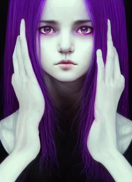 Image similar to hair blackbangs hair, white hair, blackbangswhitehair, portrait of teenage girl with black bangs, red irises, purple clothes, black bangs, bangs are white hair is black, intricate, elegant, glowing lights, highly detailed, digital painting, artstation, concept art, sharp focus, illustration, art by wlop, mars ravelo and greg rutkowski