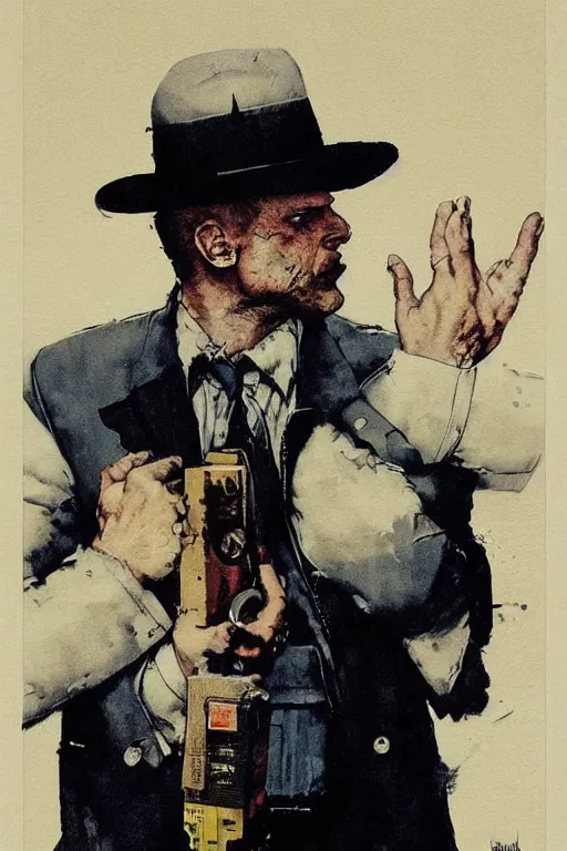 Image similar to Rorschach and The Comedian aka Edward Morgan Blake from the movie Watchmen painted by Norman Rockwell, Greg Rutkowski and Dave Gibbons, high detailed perfect faces, trending on Artstation, page scan from book, fine details